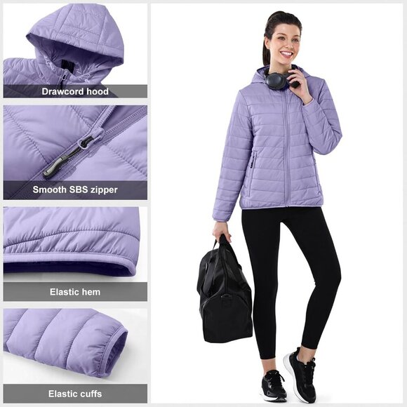 Women's Lavender Full Zip Up Puffer Hood Quilted Jacket Lightweight Coat - Picture 5 of 6